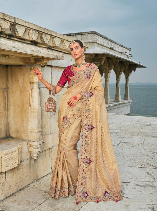 Light Peach Pure Kanjivaram Butti Saree with Mirror & Moti Heavy Work - Femenica