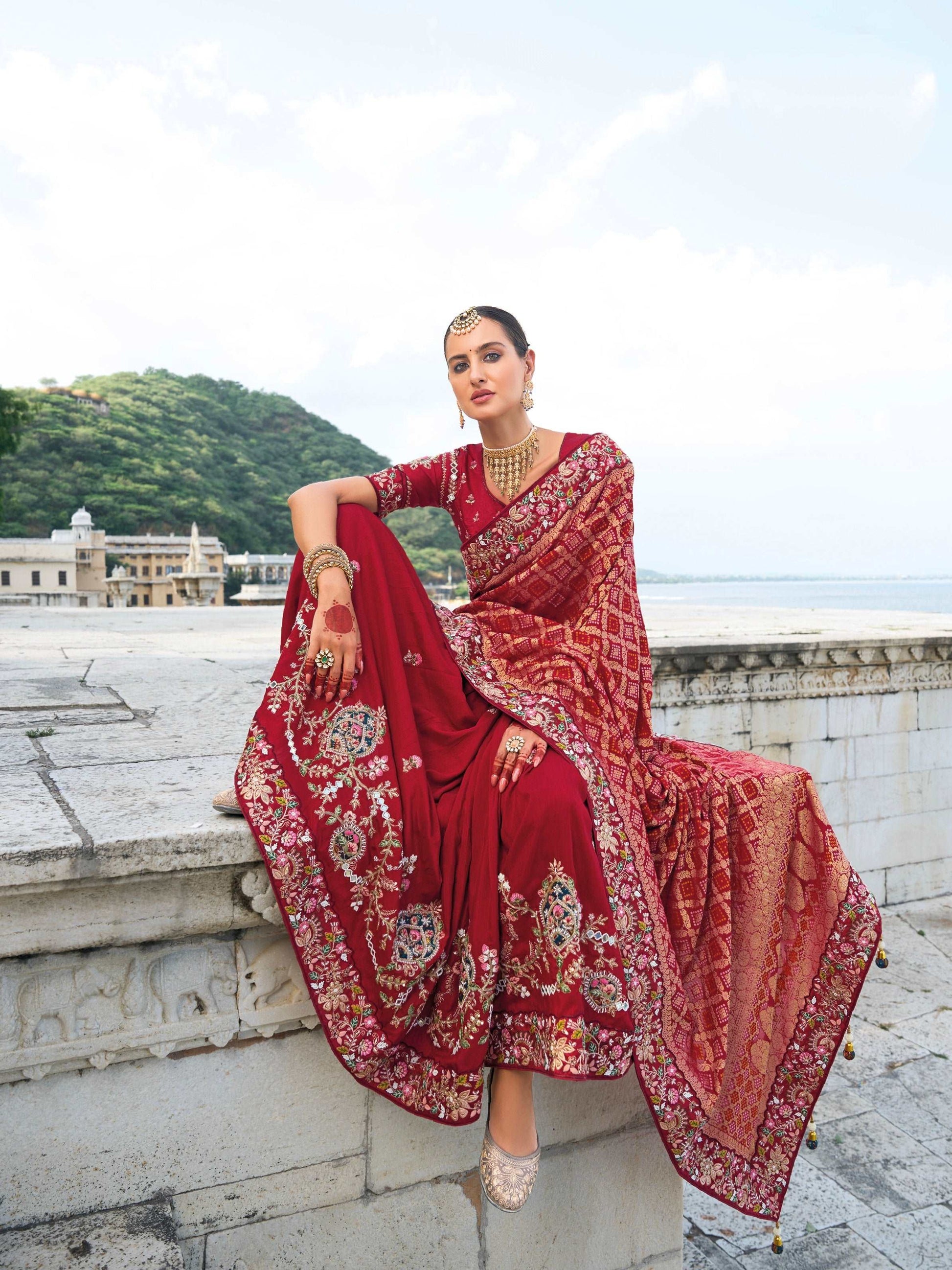 Maroon Bandhej Pure Silk Saree with Heavy Moti and Jari Work - Femenica