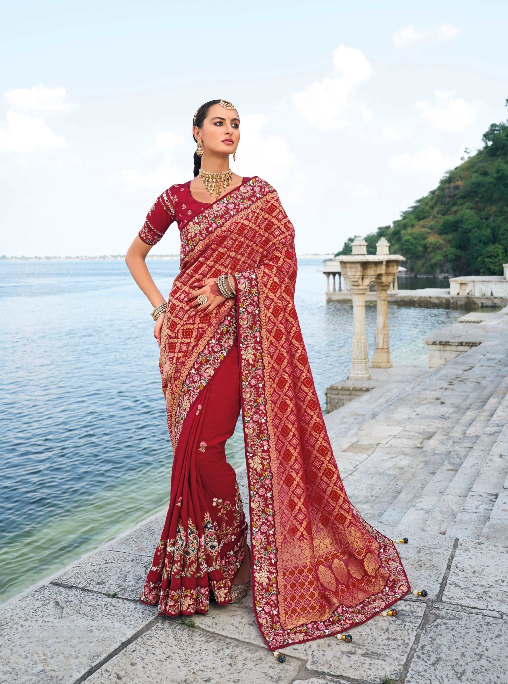 Maroon Bandhej Pure Silk Saree with Heavy Moti and Jari Work - Femenica