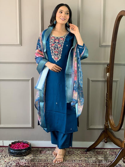 Blue Viscose Chanderi Sequins and Embroidered Kurti - Femenica