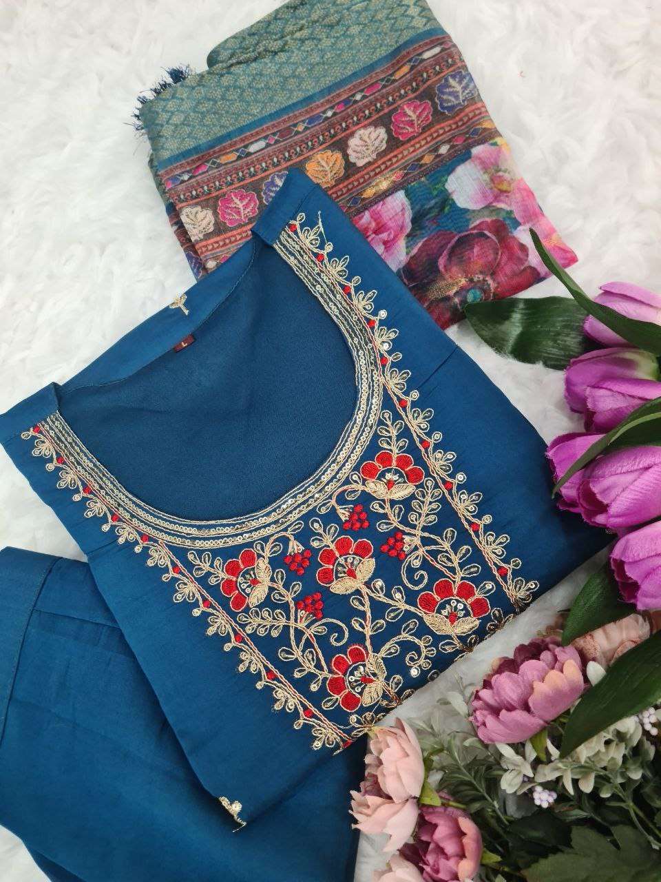 Blue Viscose Chanderi Sequins and Embroidered Kurti - Femenica