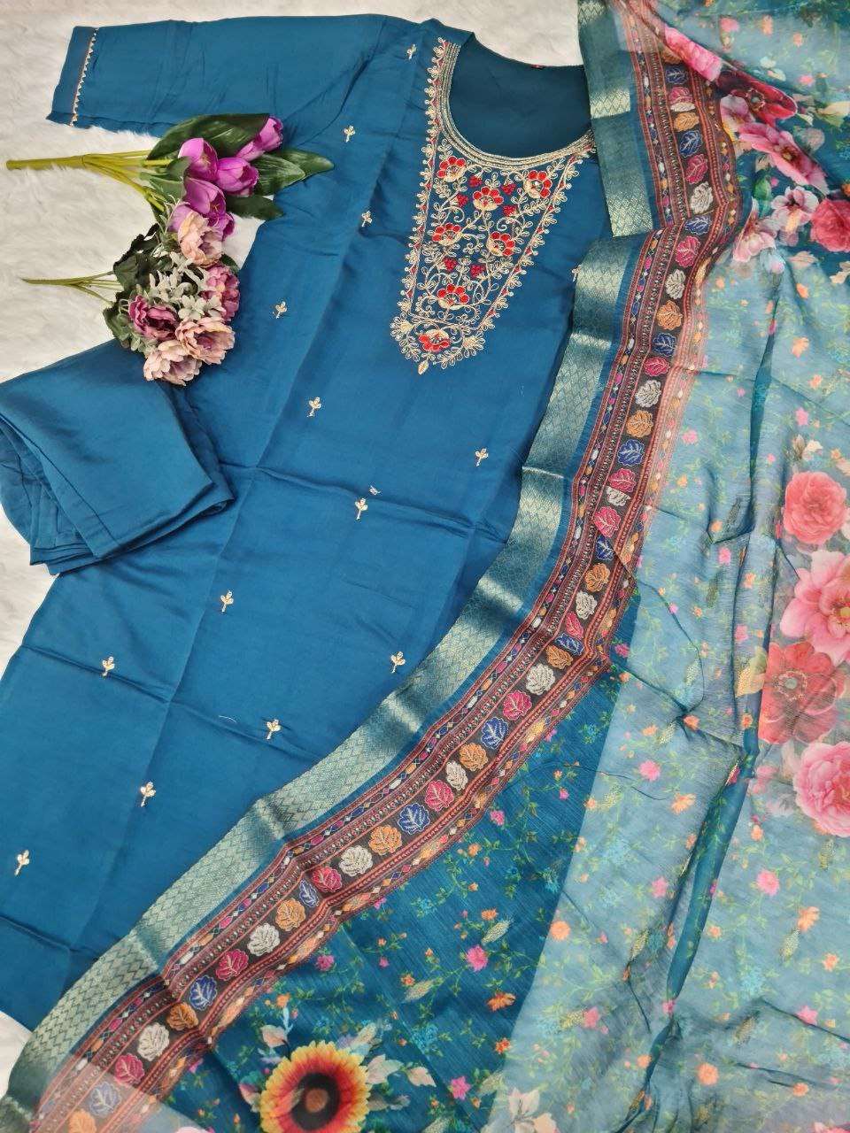 Blue Viscose Chanderi Sequins and Embroidered Kurti - Femenica