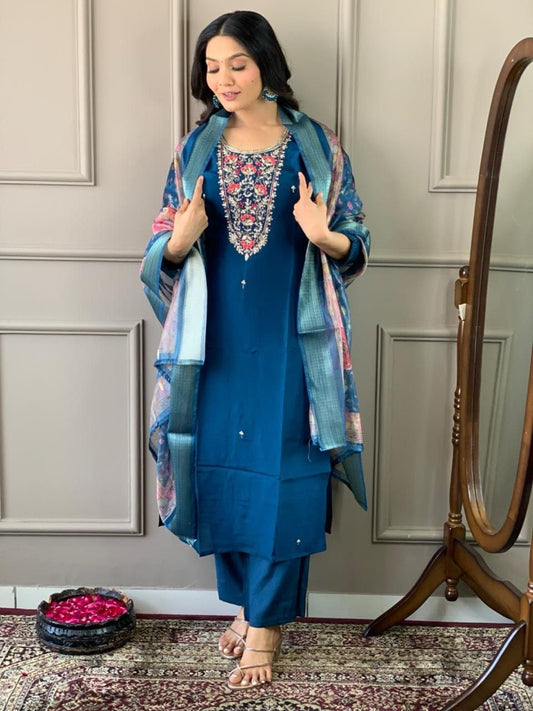 Blue Viscose Chanderi Sequins and Embroidered Kurti - Femenica