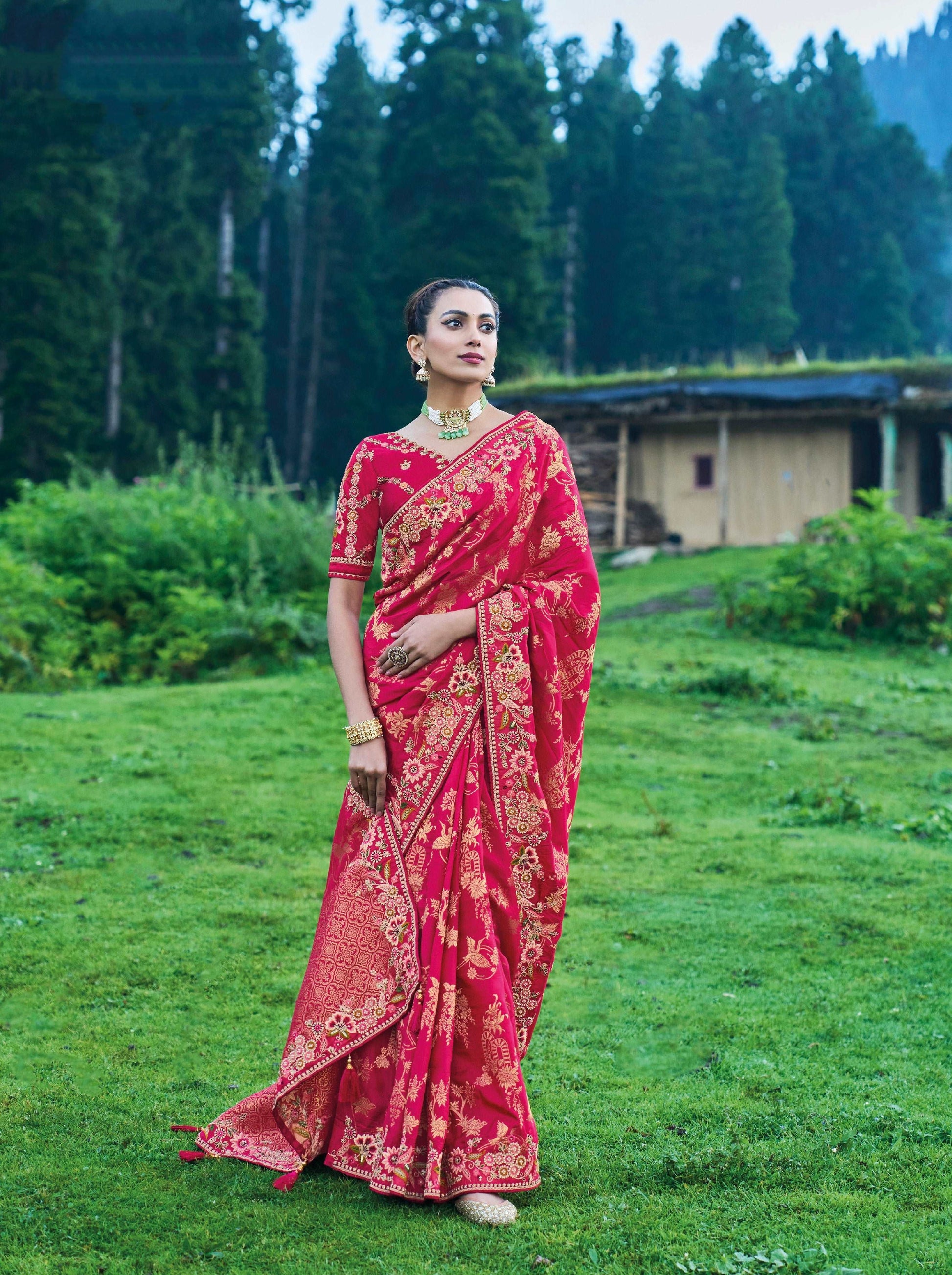 Pink Dola Silk Saree with Heavy Khatli Embroidery - Femenica