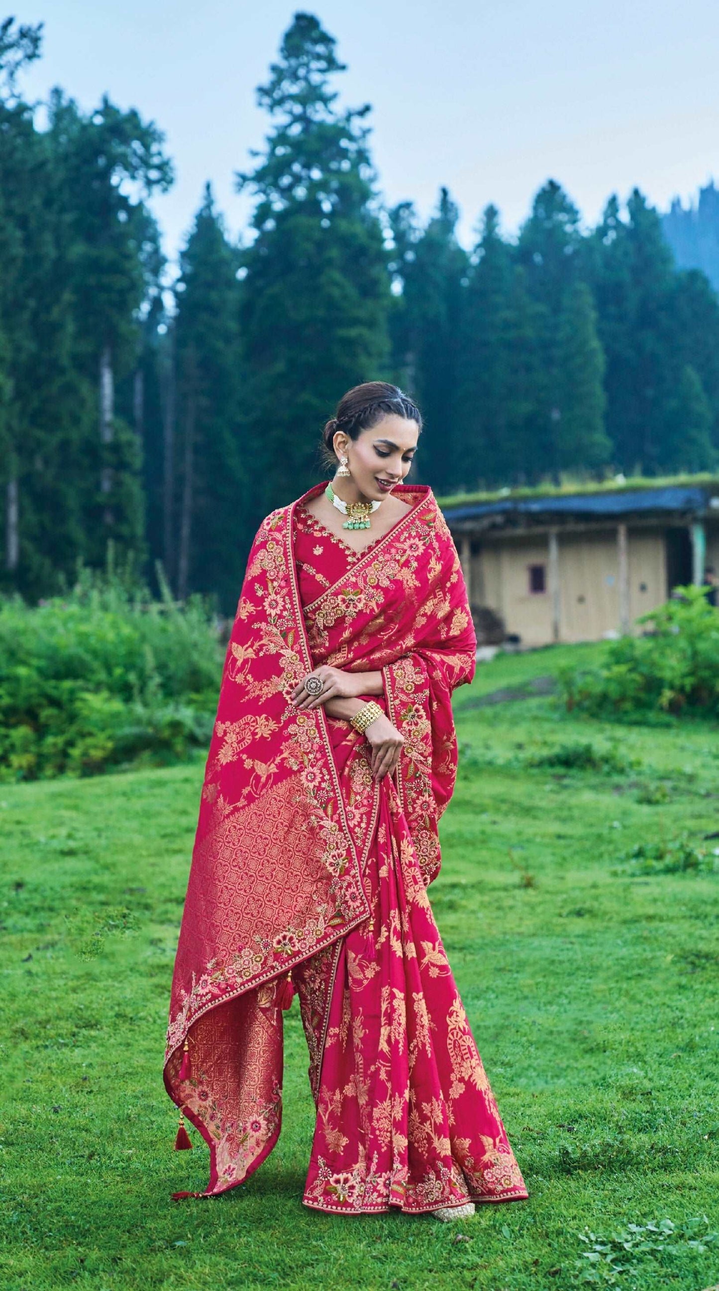 Pink Dola Silk Saree with Heavy Khatli Embroidery - Femenica