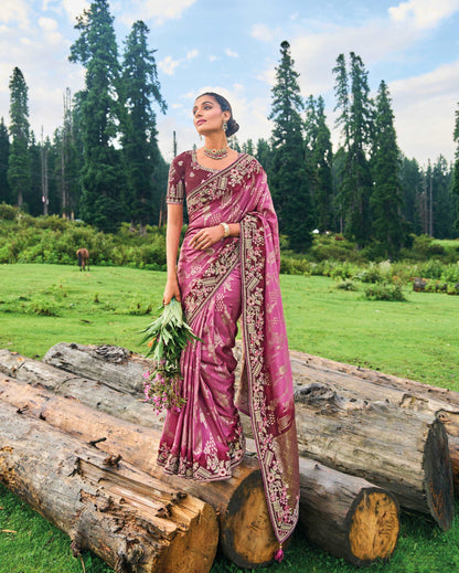 Pink Dola Silk Saree with Heavy Khatli Embroidery - Femenica