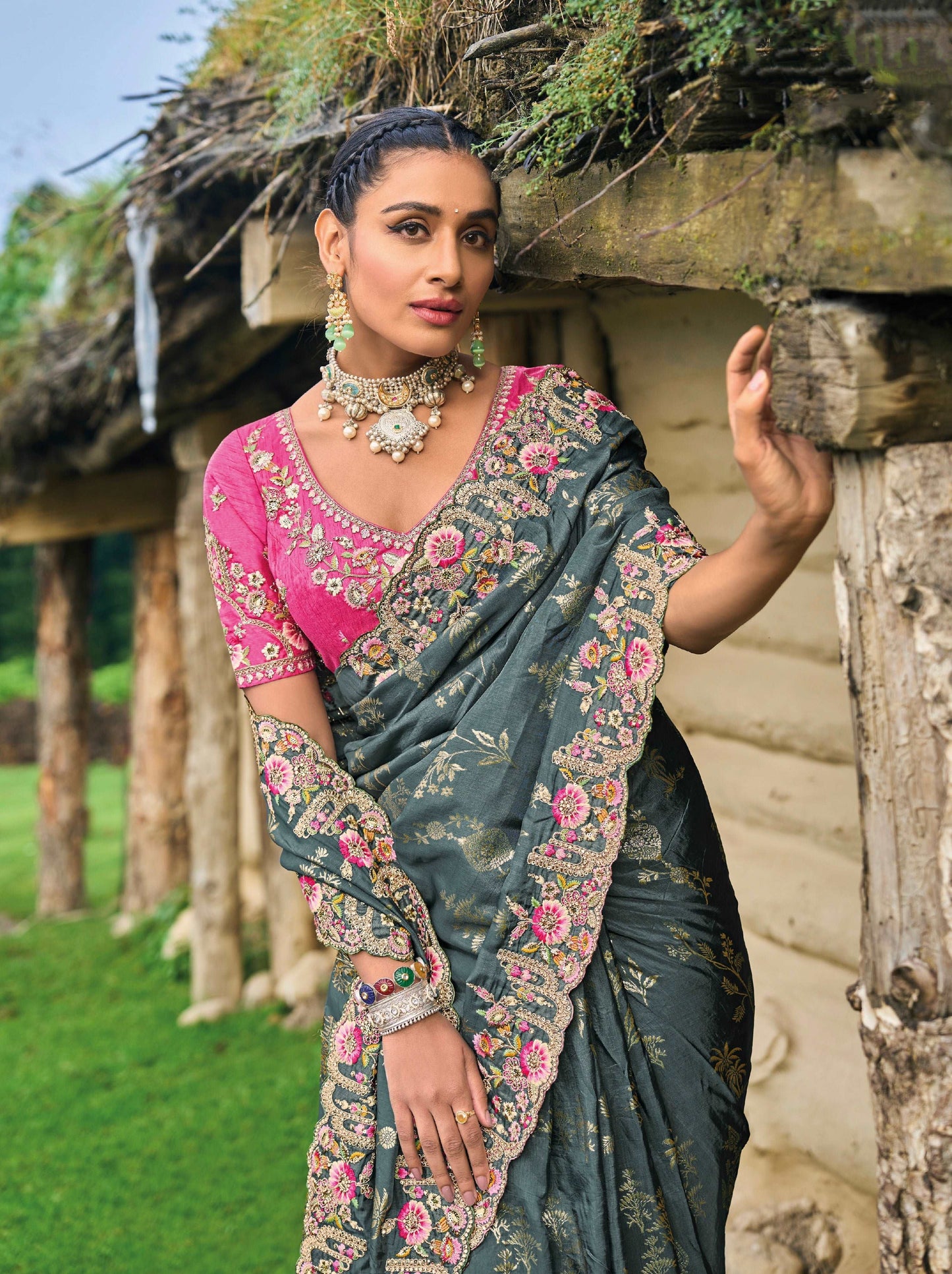 Pink Dola Silk Saree with Heavy Khatli Embroidery - Femenica