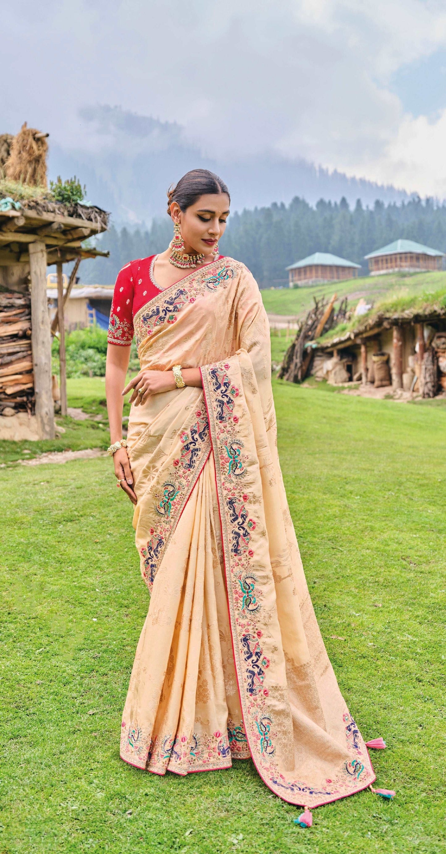 Pink Dola Silk Saree with Heavy Khatli Embroidery - Femenica