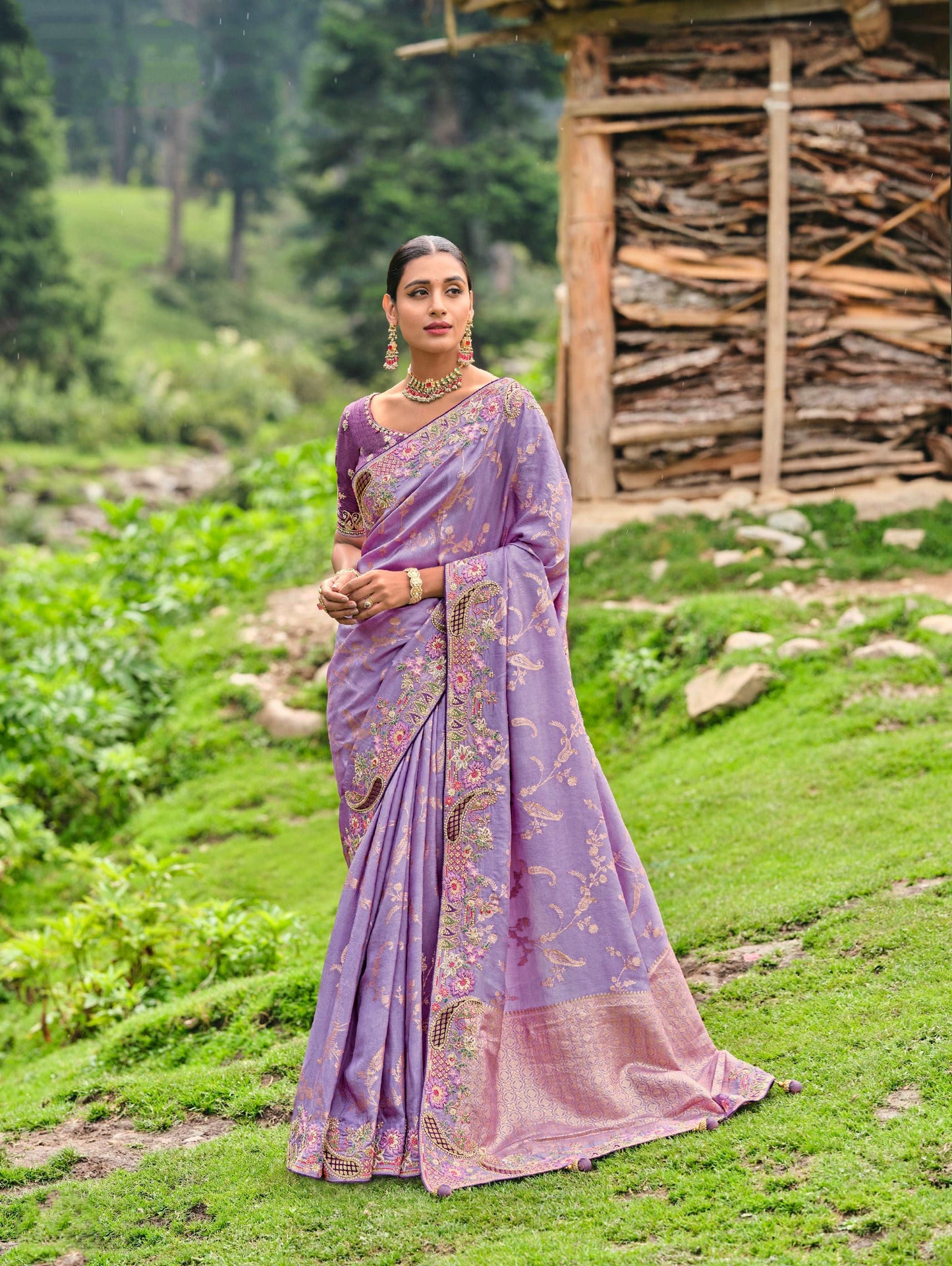 Pink Dola Silk Saree with Heavy Khatli Embroidery - Femenica