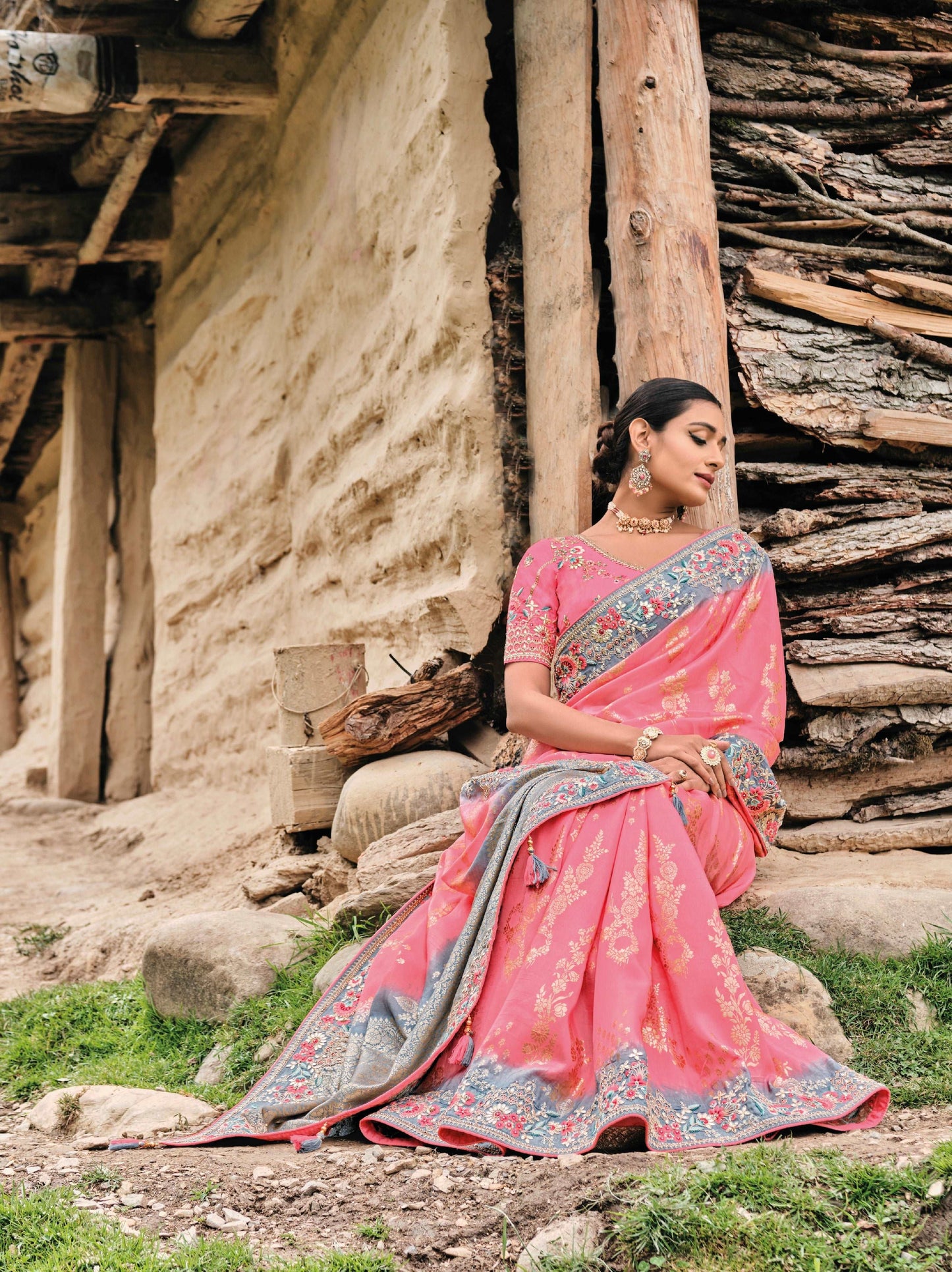 Pink Dola Silk Saree with Heavy Khatli Embroidery - Femenica