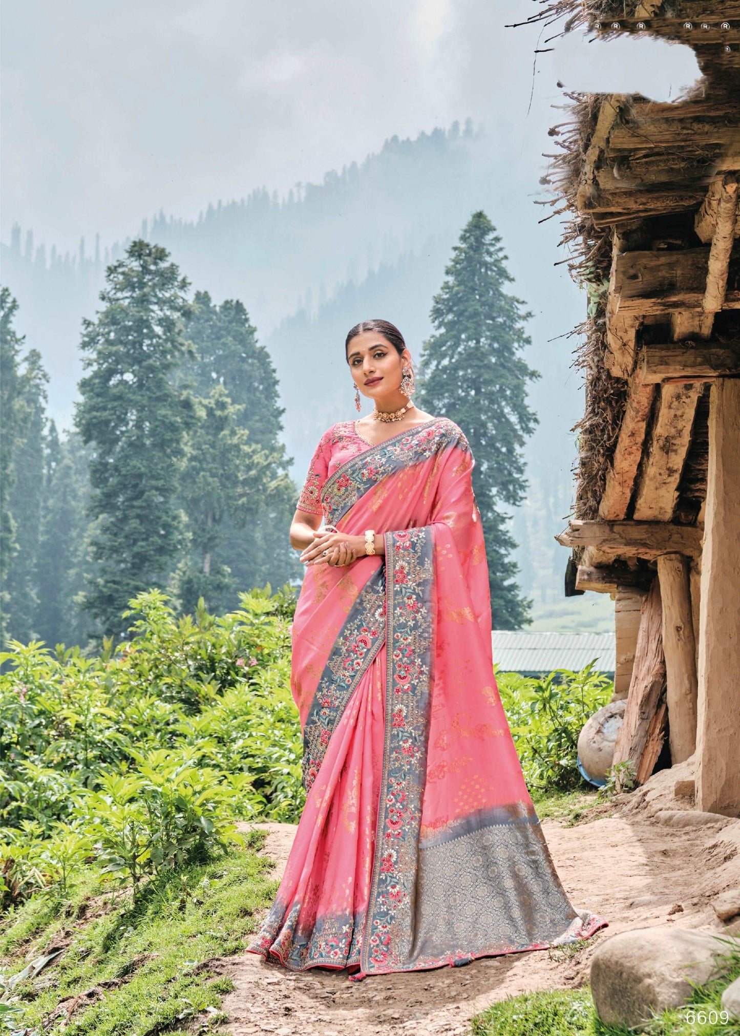 Pink Dola Silk Saree with Heavy Khatli Embroidery - Femenica