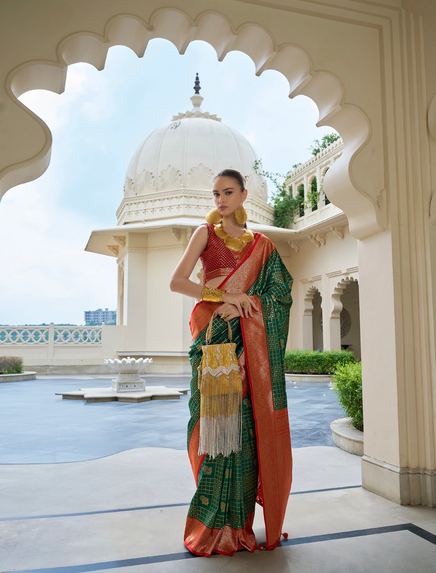 Red and Green Banarasi P.V. Silk Saree with Kanchipuram Weaving - Femenica