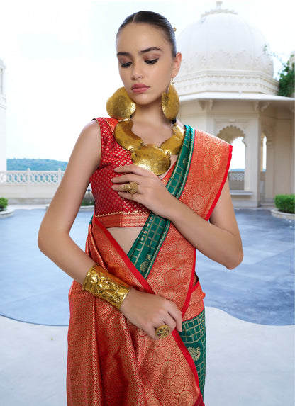 Red and Green Banarasi P.V. Silk Saree with Kanchipuram Weaving - Femenica