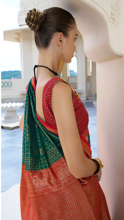 Red and Green Banarasi P.V. Silk Saree with Kanchipuram Weaving - Femenica