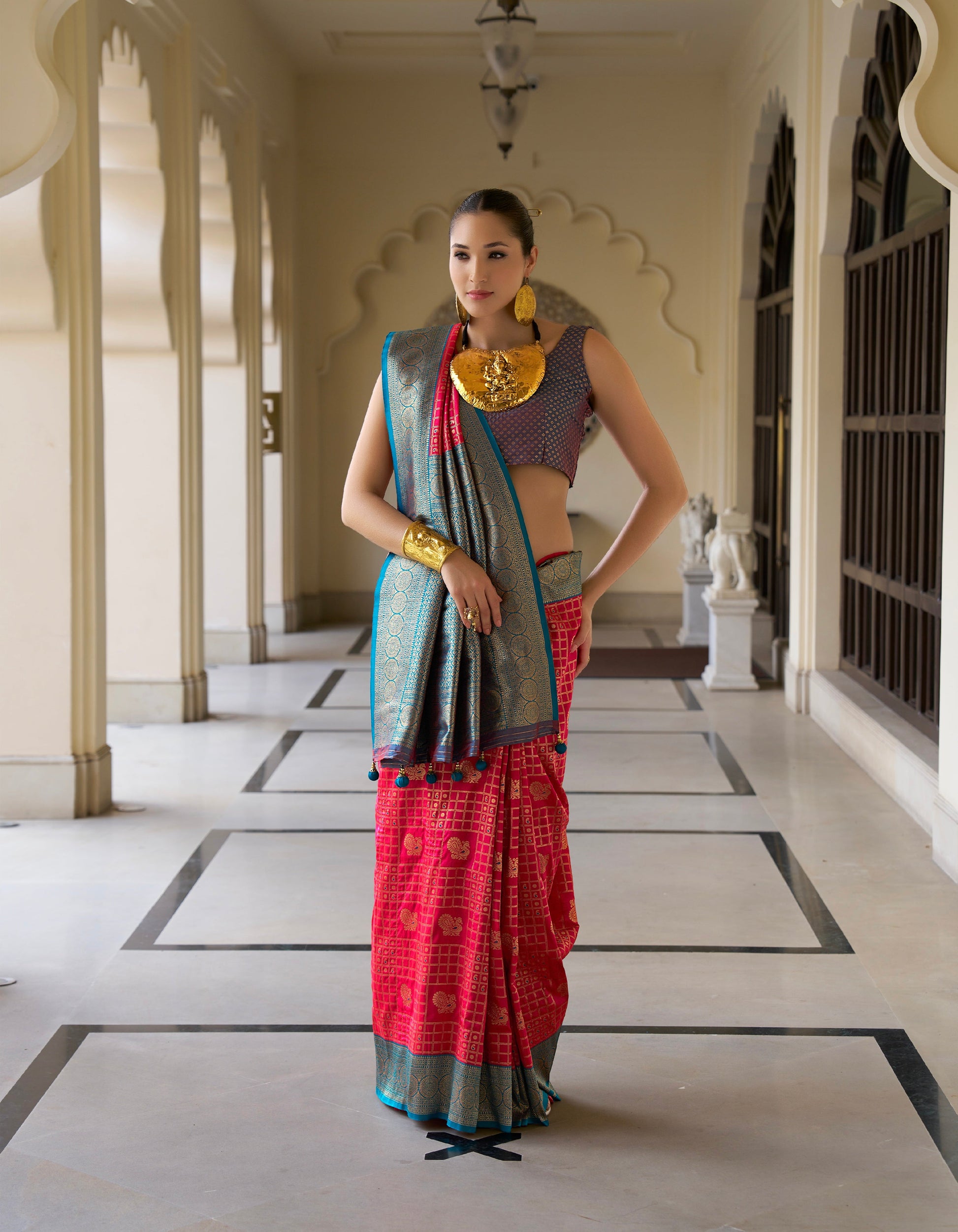 Red and Green Banarasi P.V. Silk Saree with Kanchipuram Weaving - Femenica