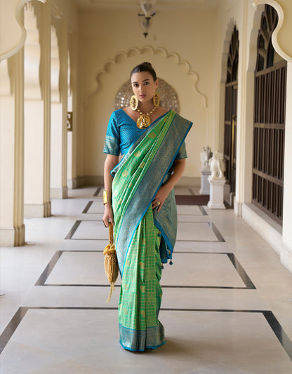 Red and Green Banarasi P.V. Silk Saree with Kanchipuram Weaving - Femenica