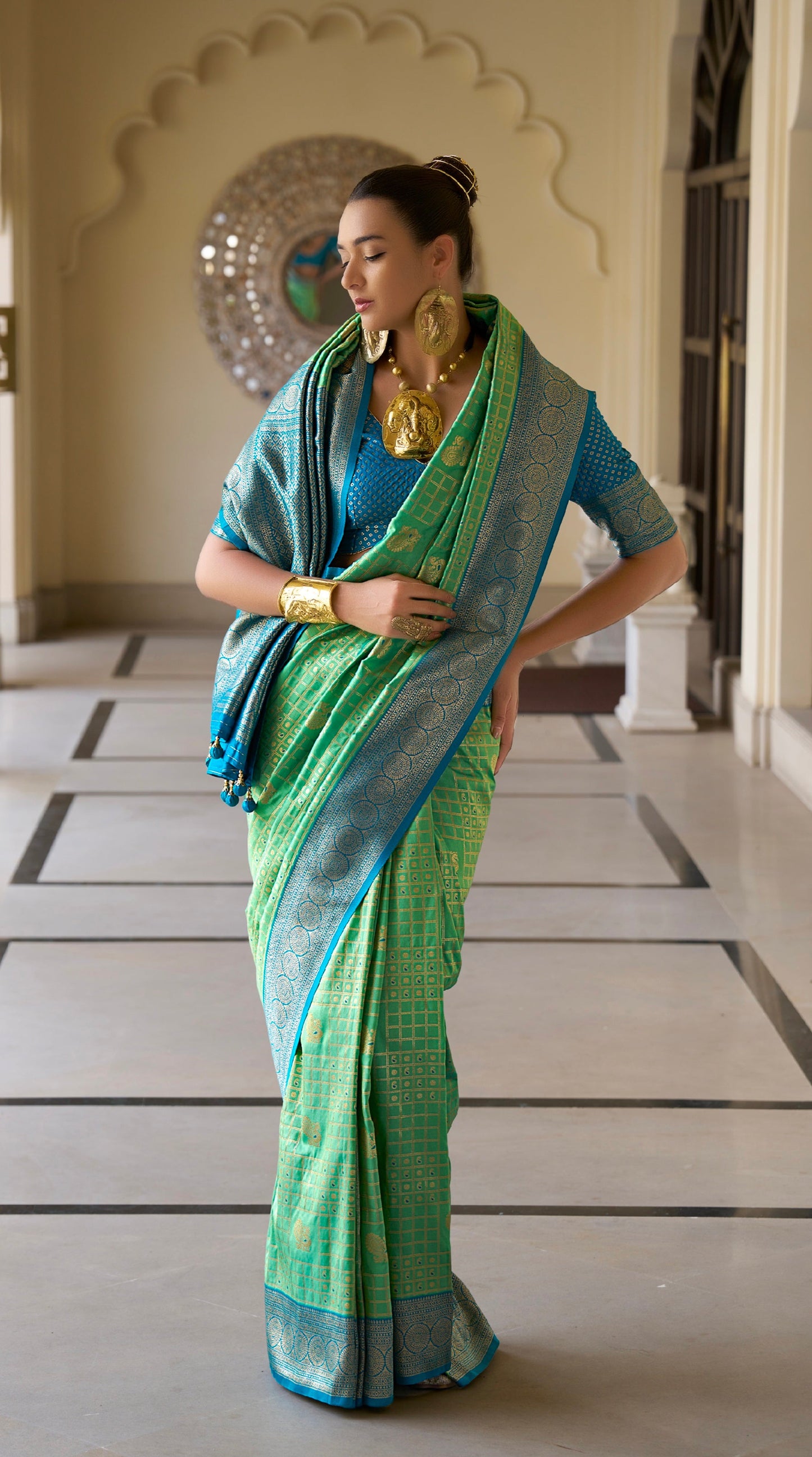 Red and Green Banarasi P.V. Silk Saree with Kanchipuram Weaving - Femenica