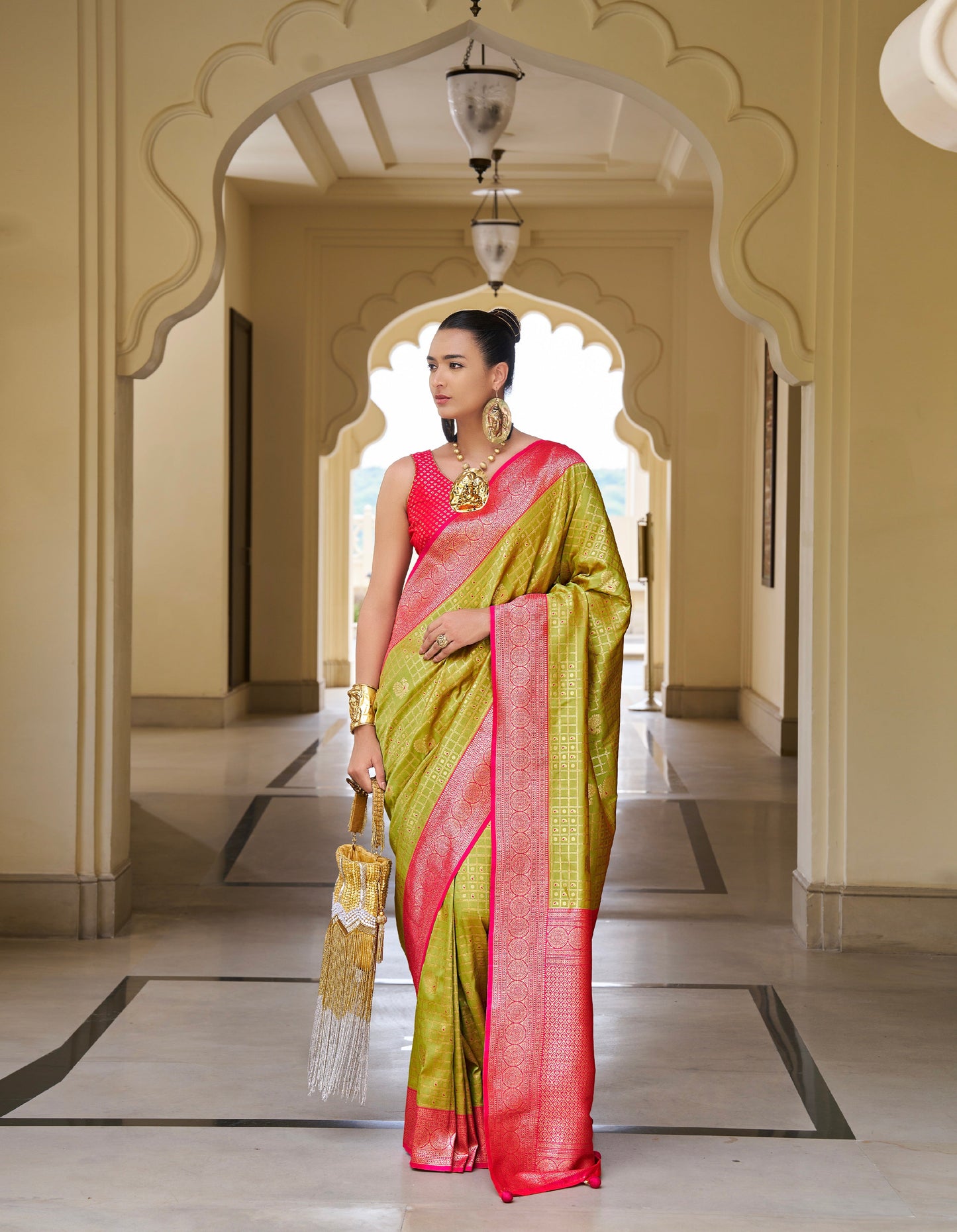 Red and Green Banarasi P.V. Silk Saree with Kanchipuram Weaving - Femenica