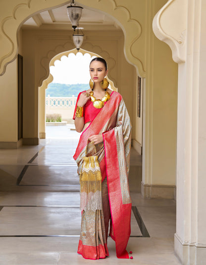 Red and Green Banarasi P.V. Silk Saree with Kanchipuram Weaving - Femenica