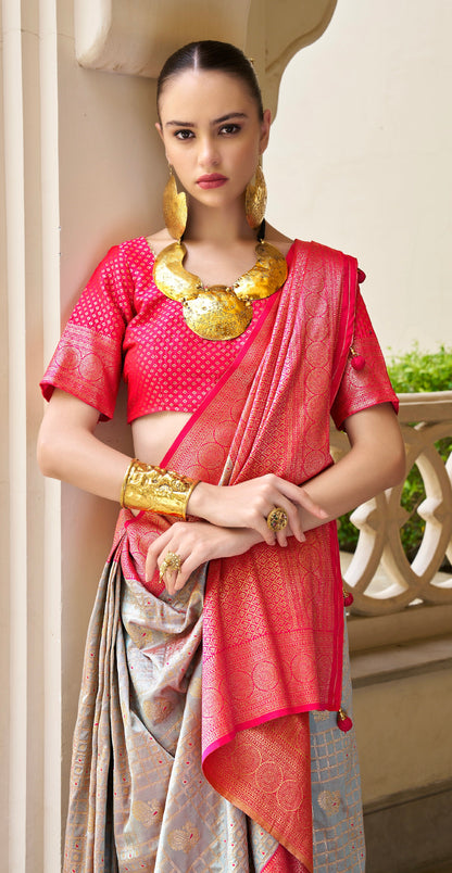 Red and Green Banarasi P.V. Silk Saree with Kanchipuram Weaving - Femenica