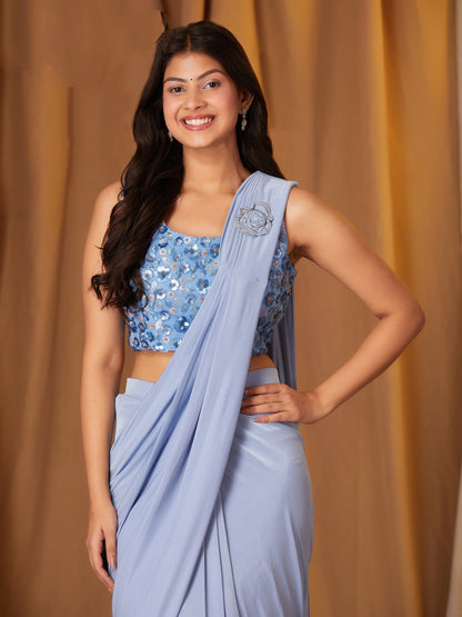 Sky Blue Colour Ready-to-Wear Saree with Embroidered Designer Blouse