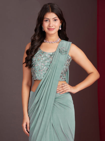 Sky Blue Colour Ready-to-Wear Saree with Embroidered Designer Blouse