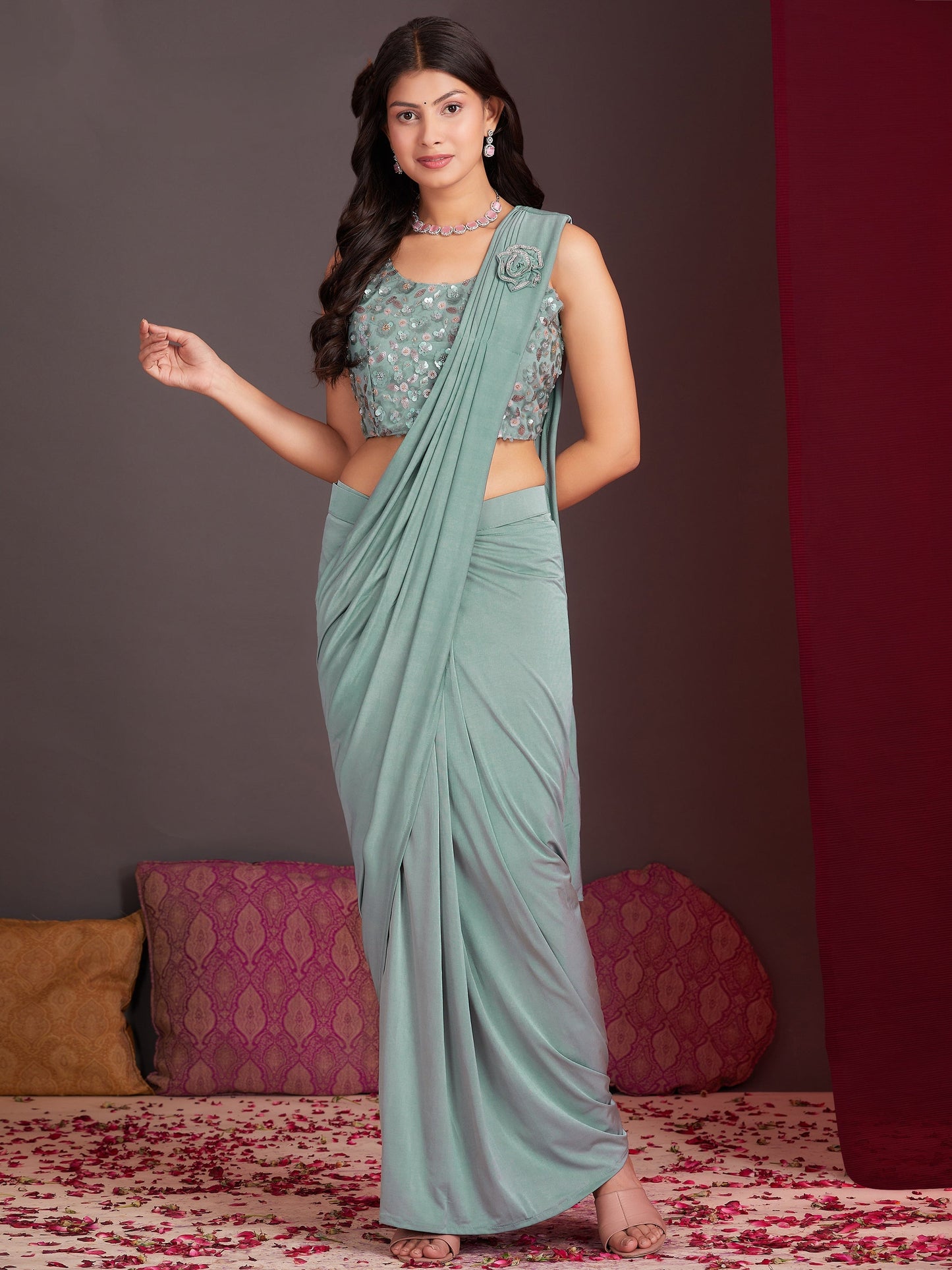 Sky Blue Colour Ready-to-Wear Saree with Embroidered Designer Blouse