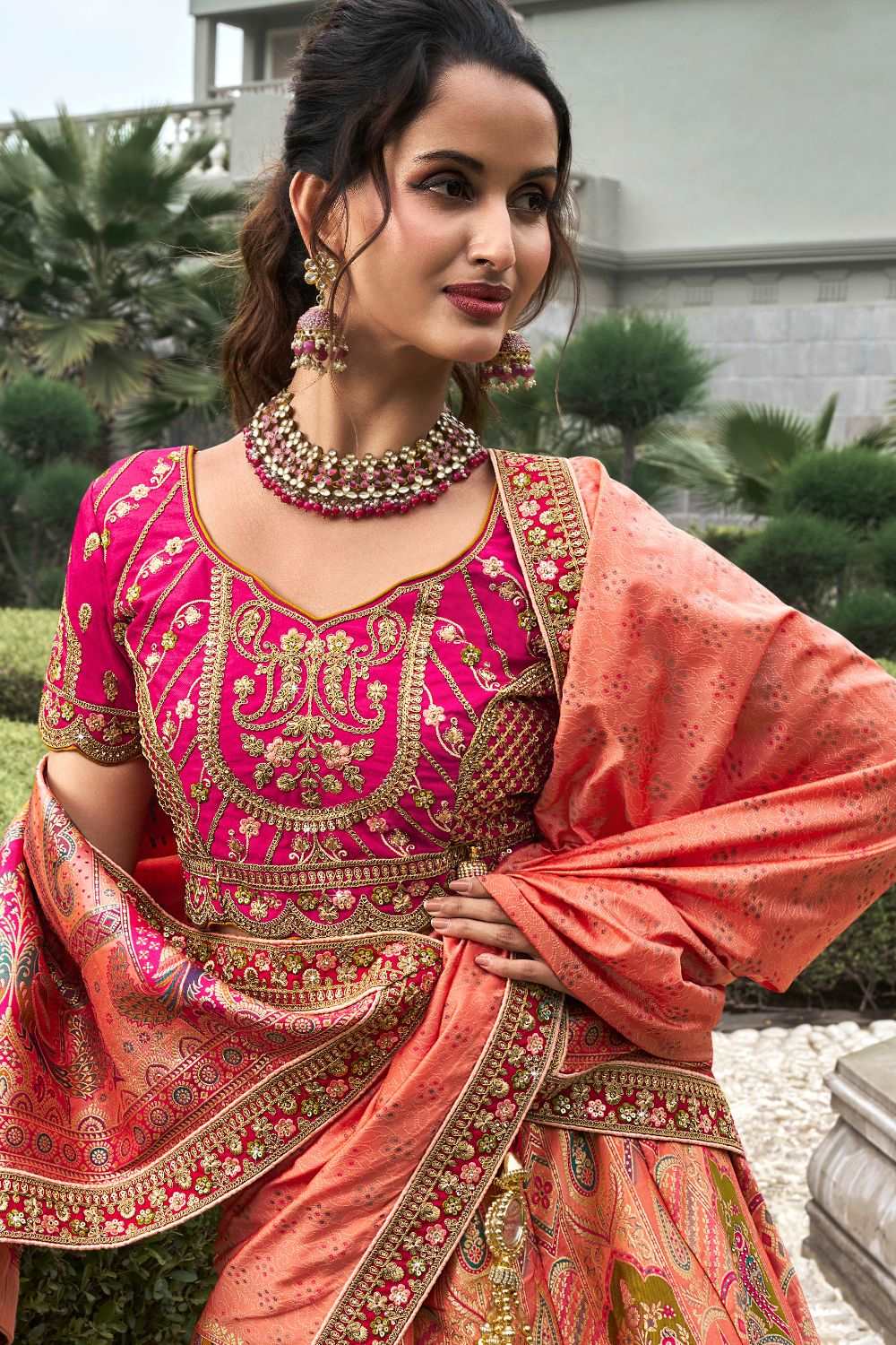 Peach & Coral Banarasi Silk Lehenga Choli with Zarkan Codding Work - Femenica