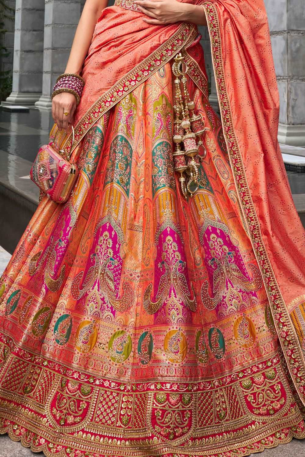 Peach & Coral Banarasi Silk Lehenga Choli with Zarkan Codding Work - Femenica