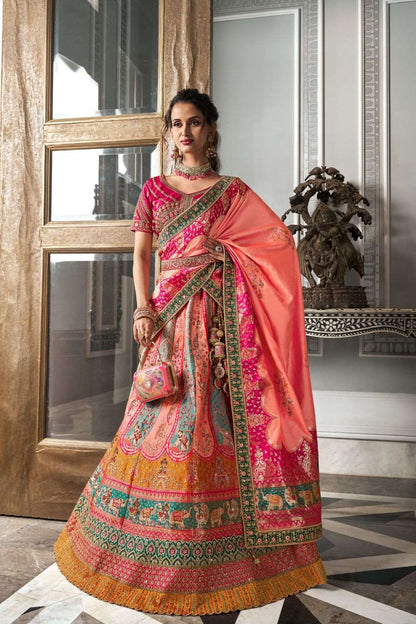 Peach & Coral Banarasi Silk Lehenga Choli with Zarkan Codding Work - Femenica