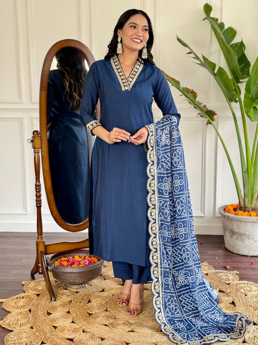 Viscose Chanderi Embroidered Suit | Elegant Ethnic Wear by Femenica - Femenica