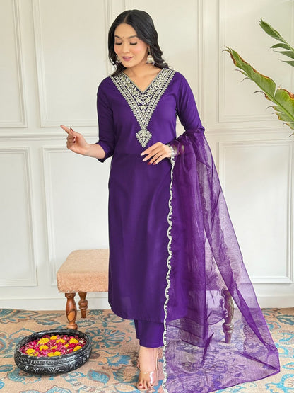 Elegant Embroidered Viscose Rayon Purple Suit | Stylish Ethnic Wear - Femenica