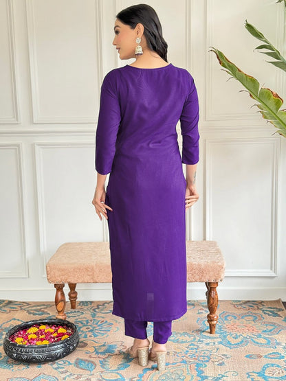 Elegant Embroidered Viscose Rayon Purple Suit | Stylish Ethnic Wear - Femenica