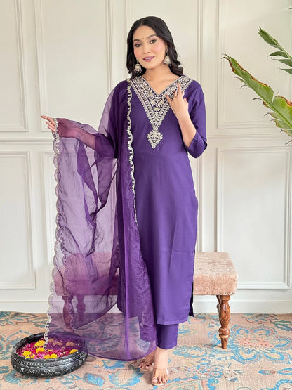 Elegant Embroidered Viscose Rayon Purple Suit | Stylish Ethnic Wear - Femenica