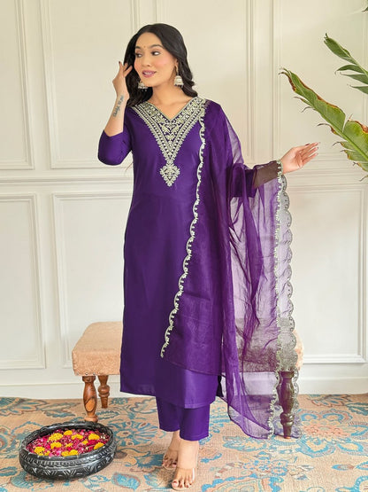 Elegant Embroidered Viscose Rayon Purple Suit | Stylish Ethnic Wear - Femenica