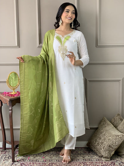 Elegant White Chanderi Suit with Green Silk Dupatta | Traditional Charm by Femenica - Femenica