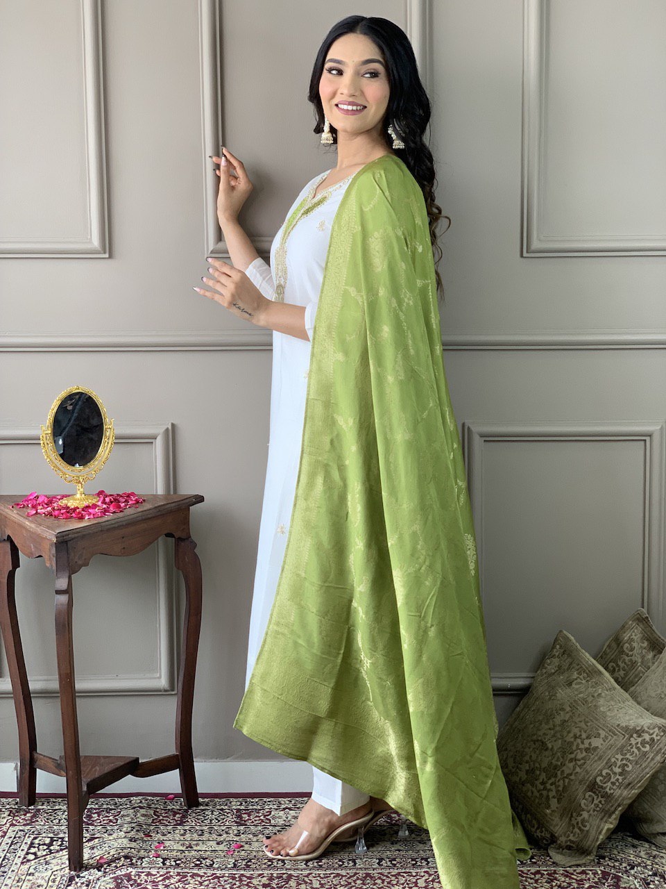 Elegant White Chanderi Suit with Green Silk Dupatta | Traditional Charm by Femenica - Femenica