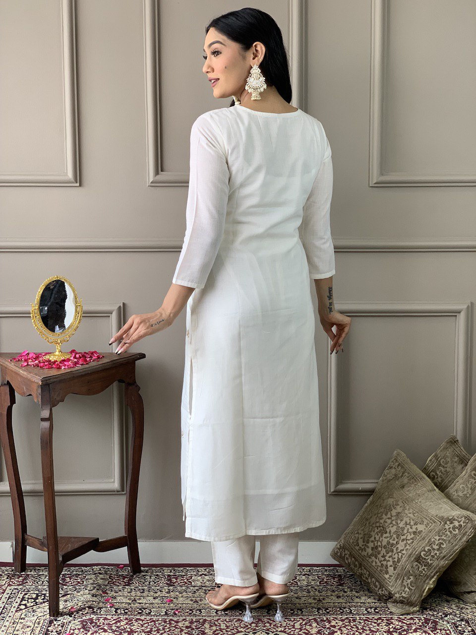 Elegant White Chanderi Suit with Green Silk Dupatta | Traditional Charm by Femenica - Femenica