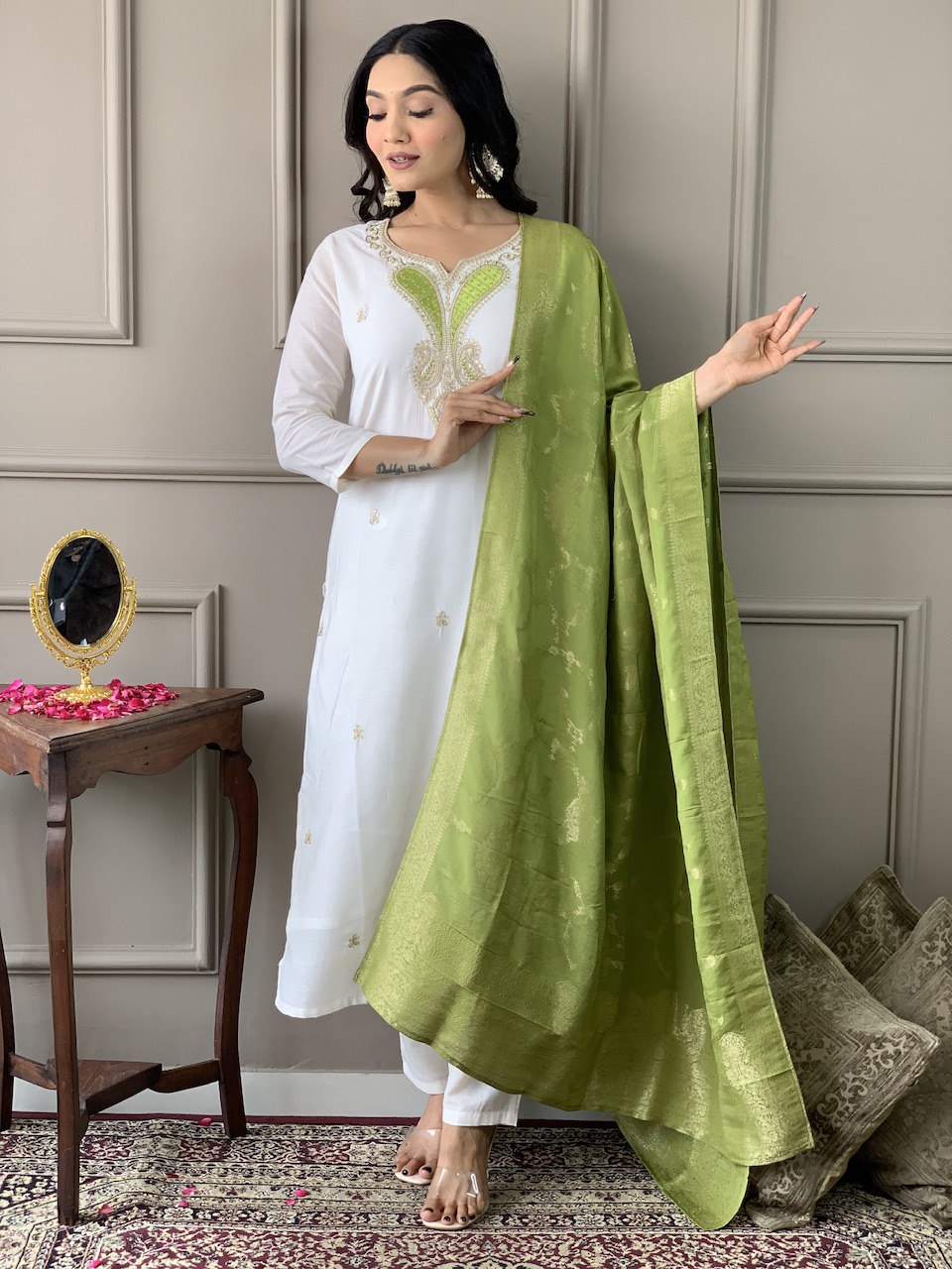 Elegant White Chanderi Suit with Green Silk Dupatta | Traditional Charm by Femenica - Femenica