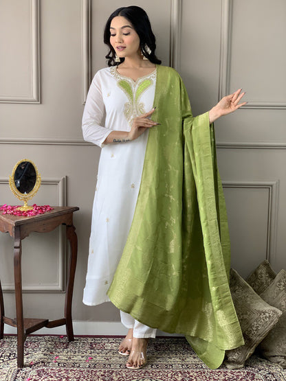 Elegant White Chanderi Suit with Green Silk Dupatta | Traditional Charm by Femenica - Femenica