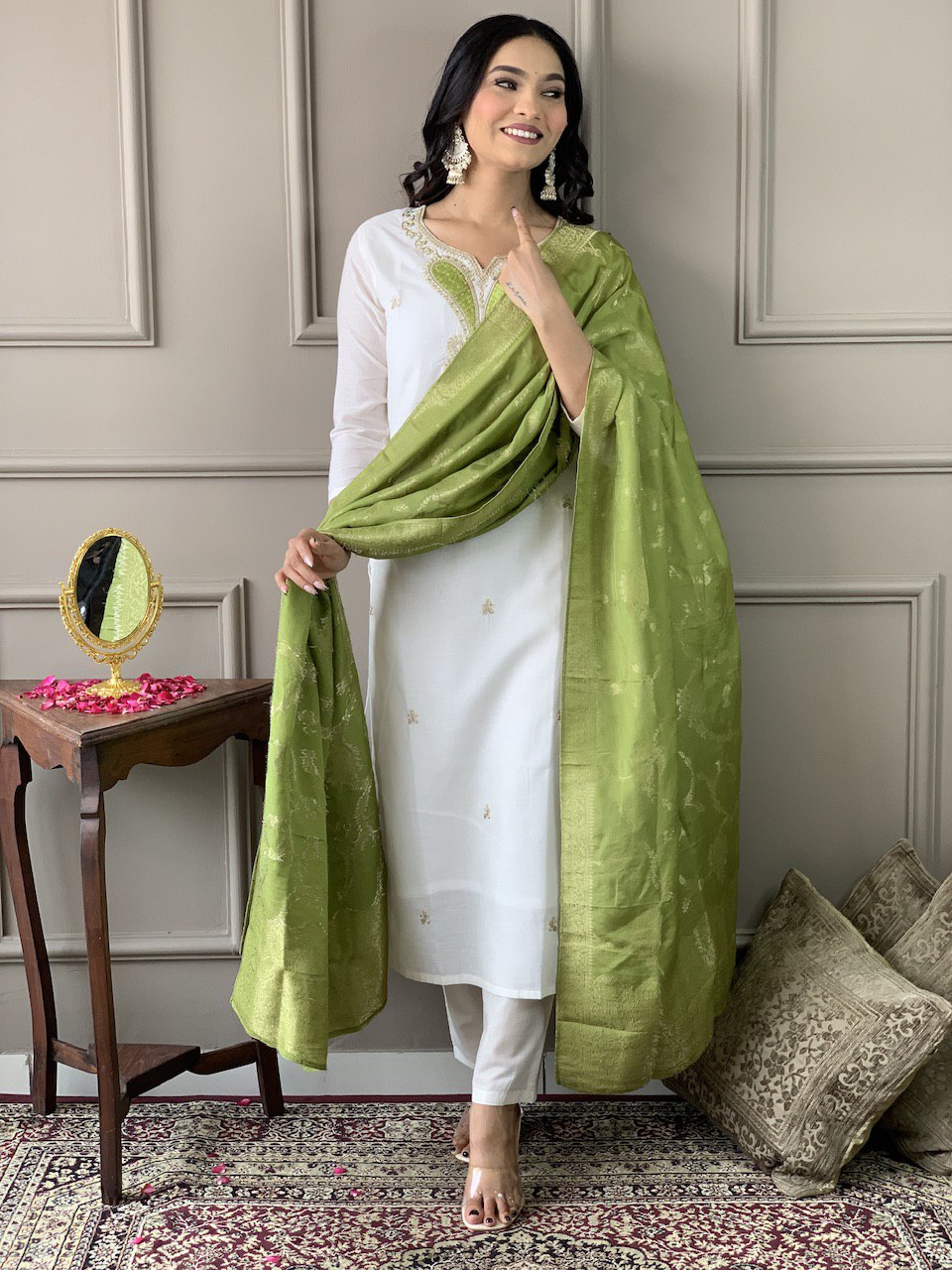 Elegant White Chanderi Suit with Green Silk Dupatta | Traditional Charm by Femenica - Femenica