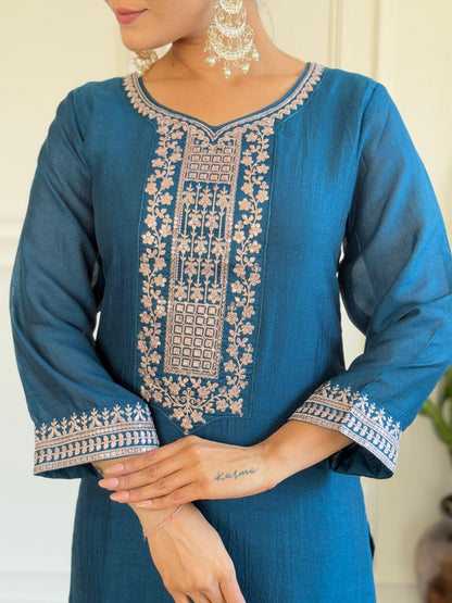 Vichitra Silk Embroidery Straight Blue Kurta Set | Elegant Ethnic Wear by Femenica - Femenica