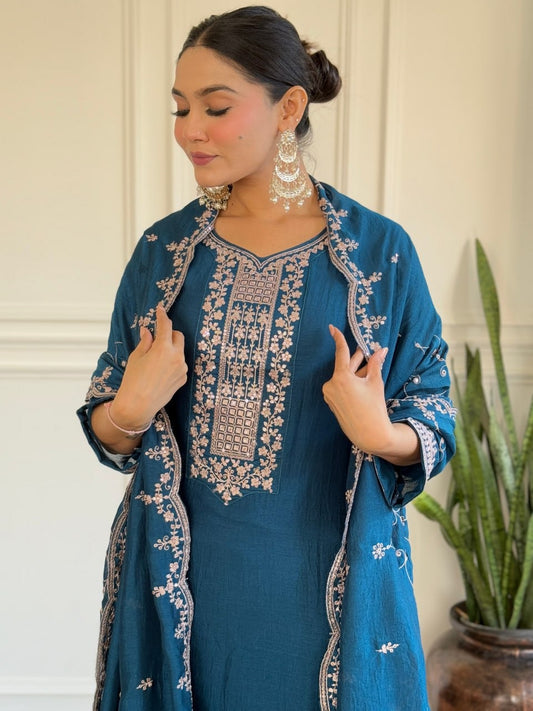 Vichitra Silk Embroidery Straight Blue Kurta Set | Elegant Ethnic Wear by Femenica - Femenica