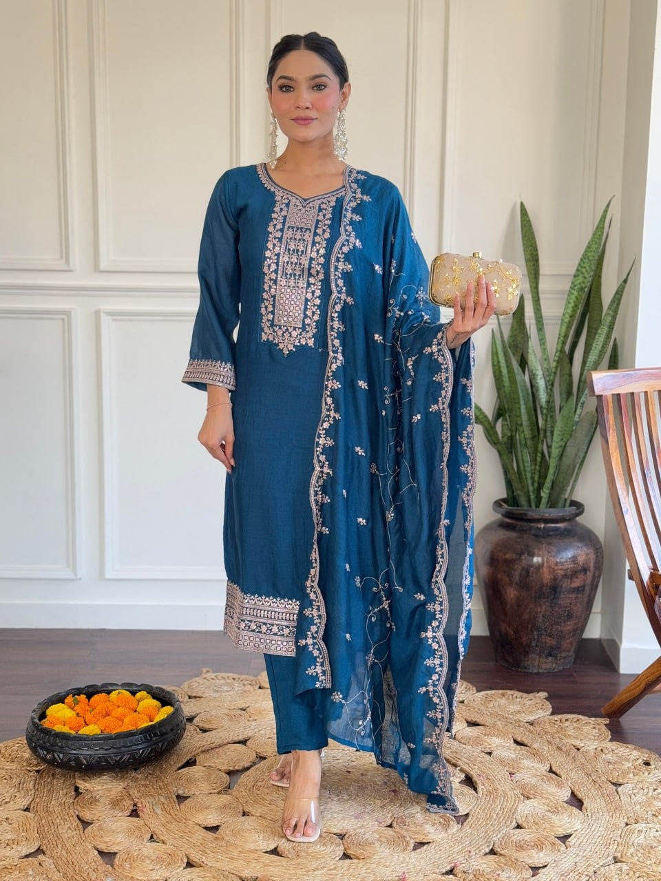 Vichitra Silk Embroidery Straight Blue Kurta Set | Elegant Ethnic Wear by Femenica - Femenica