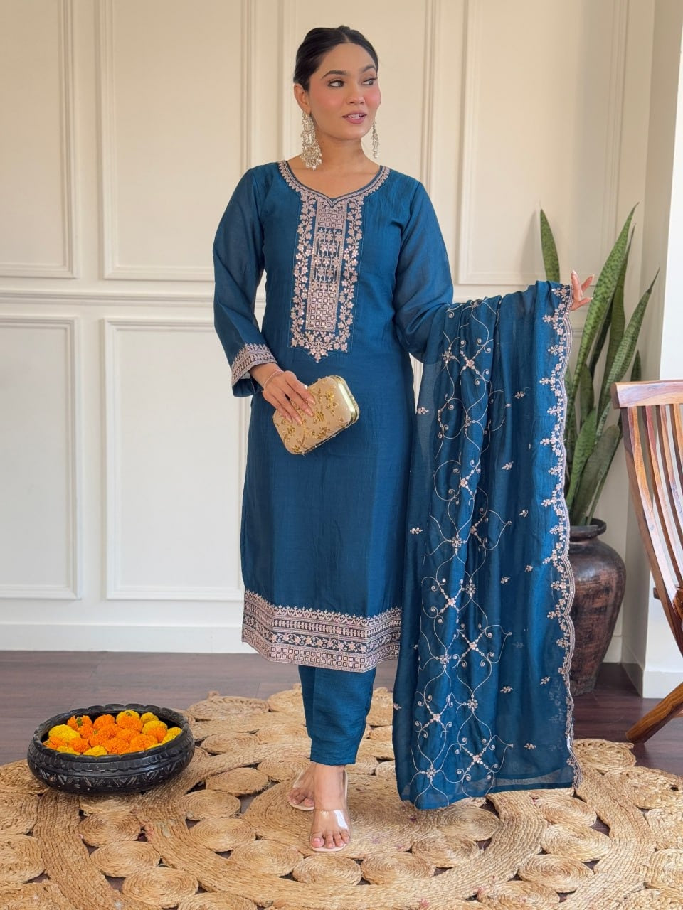 Vichitra Silk Embroidery Straight Blue Kurta Set | Elegant Ethnic Wear by Femenica - Femenica