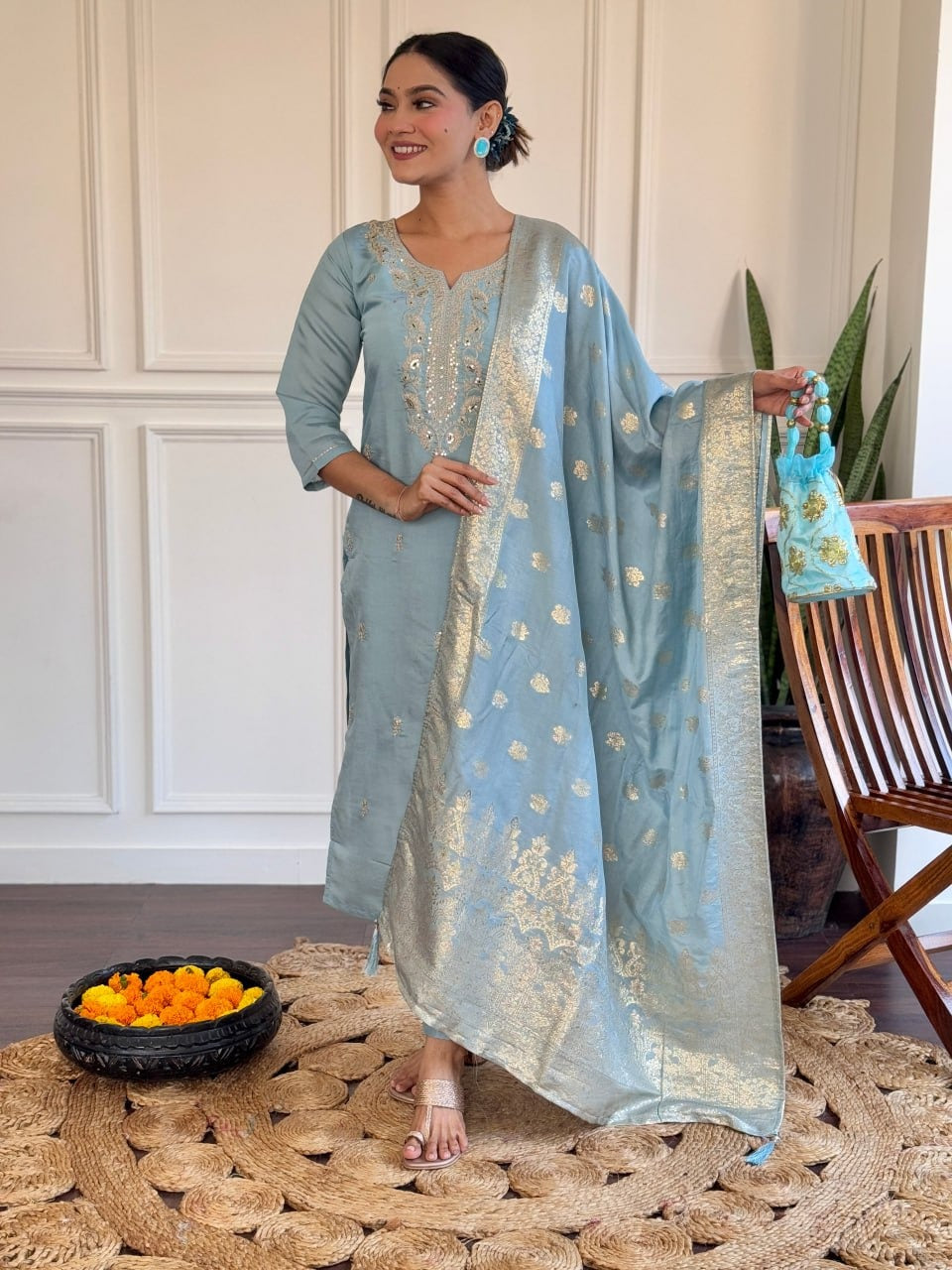 Sky Blue Vichitra Silk Embroidered Straight Kurta Set | Elegant Ethnic Wear by Femenica - Femenica