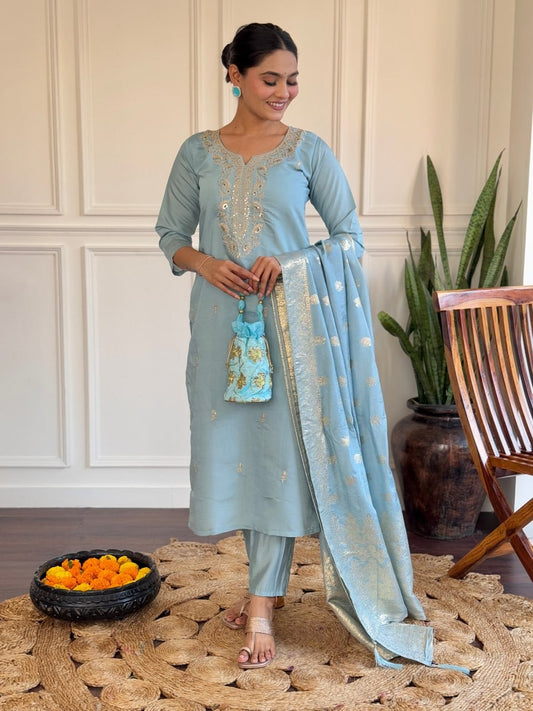 Sky Blue Vichitra Silk Embroidered Straight Kurta Set | Elegant Ethnic Wear by Femenica - Femenica