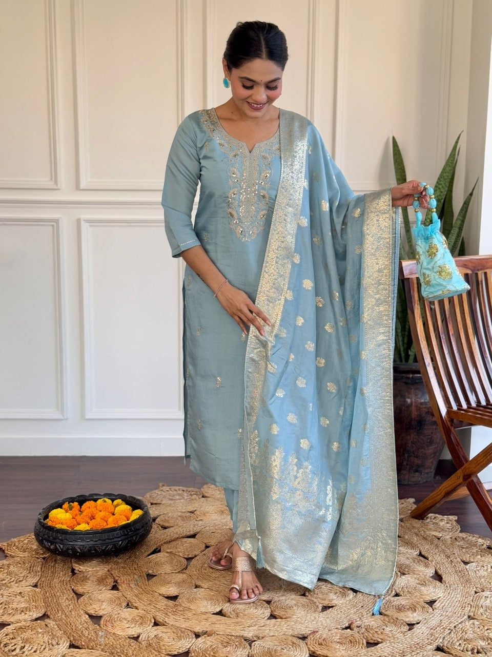 Sky Blue Vichitra Silk Embroidered Straight Kurta Set | Elegant Ethnic Wear by Femenica - Femenica