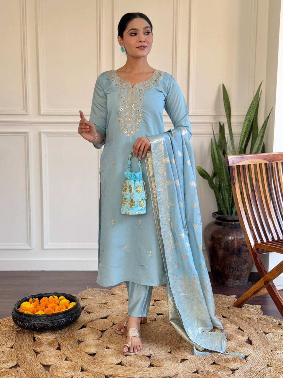 Sky Blue Vichitra Silk Embroidered Straight Kurta Set | Elegant Ethnic Wear by Femenica - Femenica