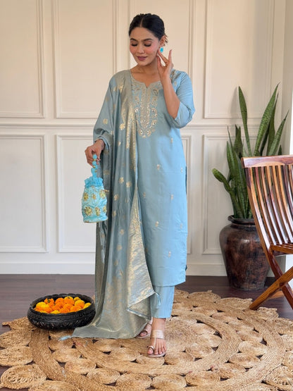 Sky Blue Vichitra Silk Embroidered Straight Kurta Set | Elegant Ethnic Wear by Femenica - Femenica